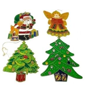 VTG PLASTIC SUN-CATCHERS SET CHRISTMAS TREE SANTA ANGEL WINDOW